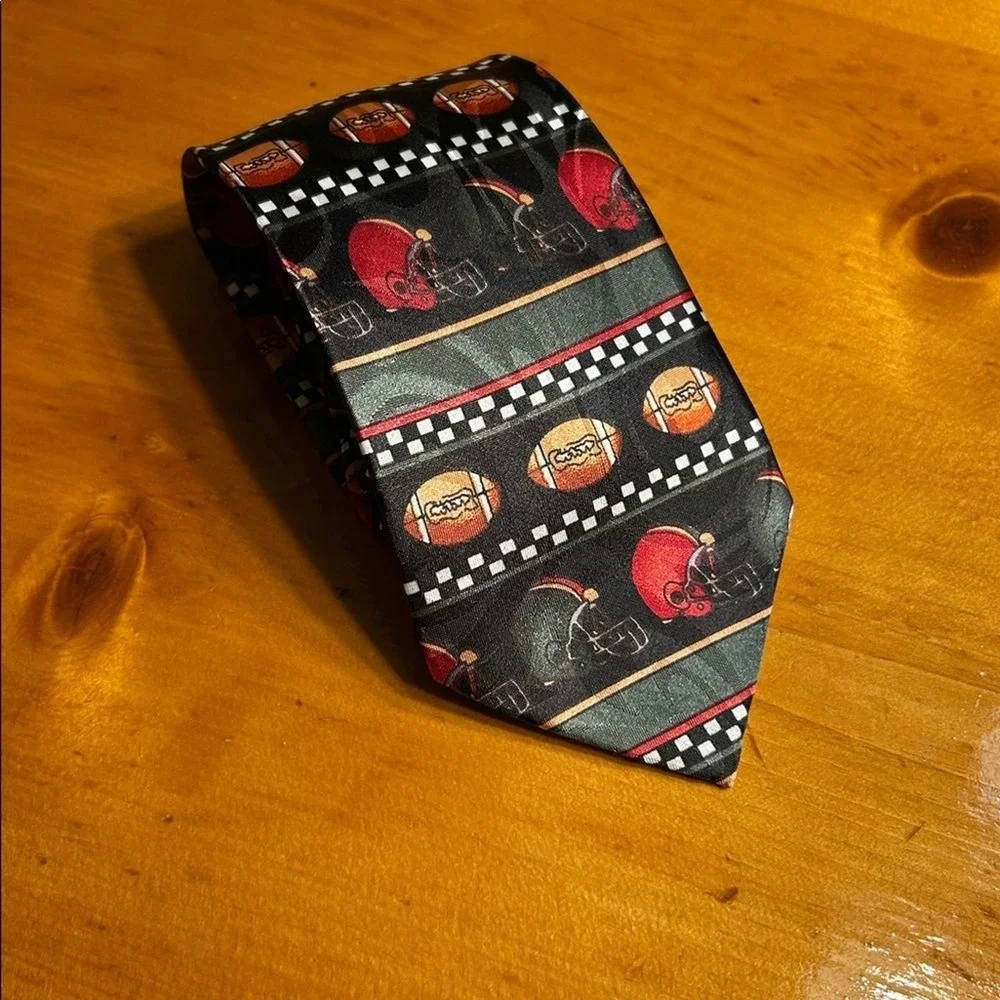 Steven Harris Football Helmet Novelty Tie Red Black Green Checkered Handmade 90s